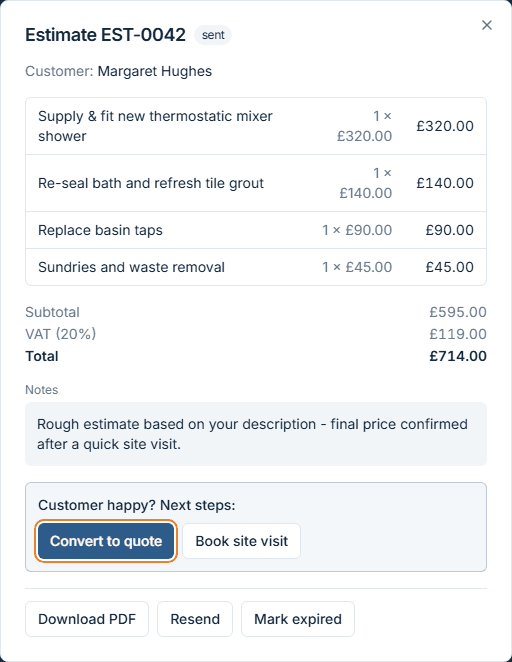 VioTrade estimate example - a quick line-item estimate for UK tradesmen