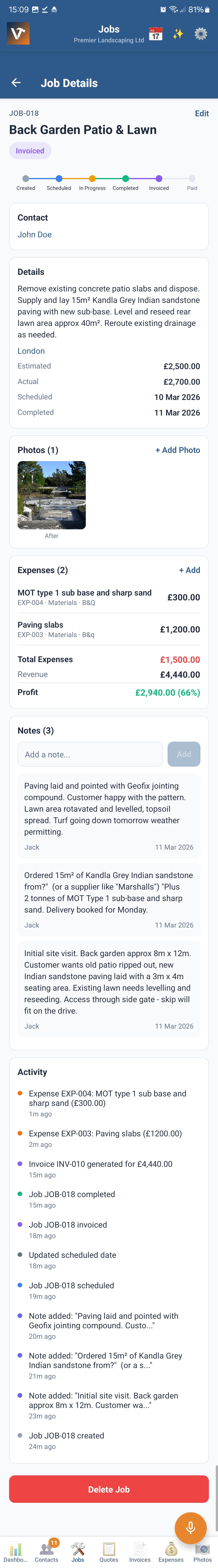 VioTrade job management with notes and photos