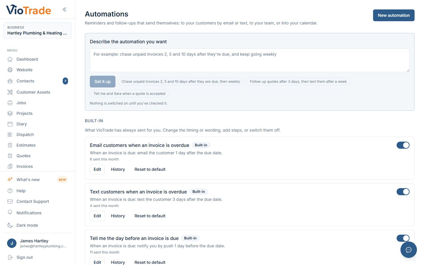VioTrade Automations - describe the automation you want, and built-in payment reminders with their own on and off switches