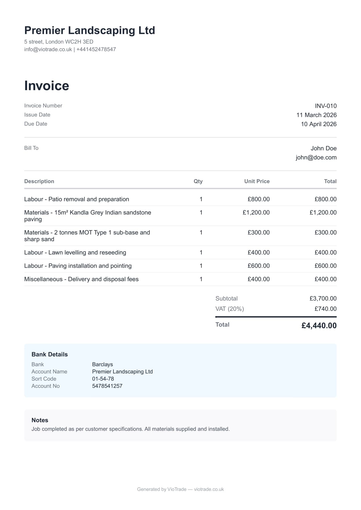 VioTrade invoice example - professional VAT invoice for UK tradesmen