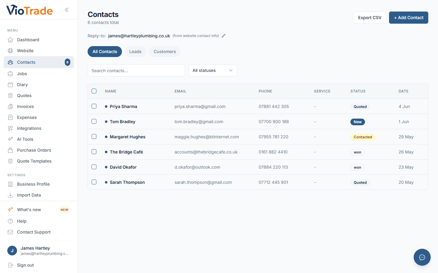 VioTrade CRM - lead and customer management for UK tradesmen