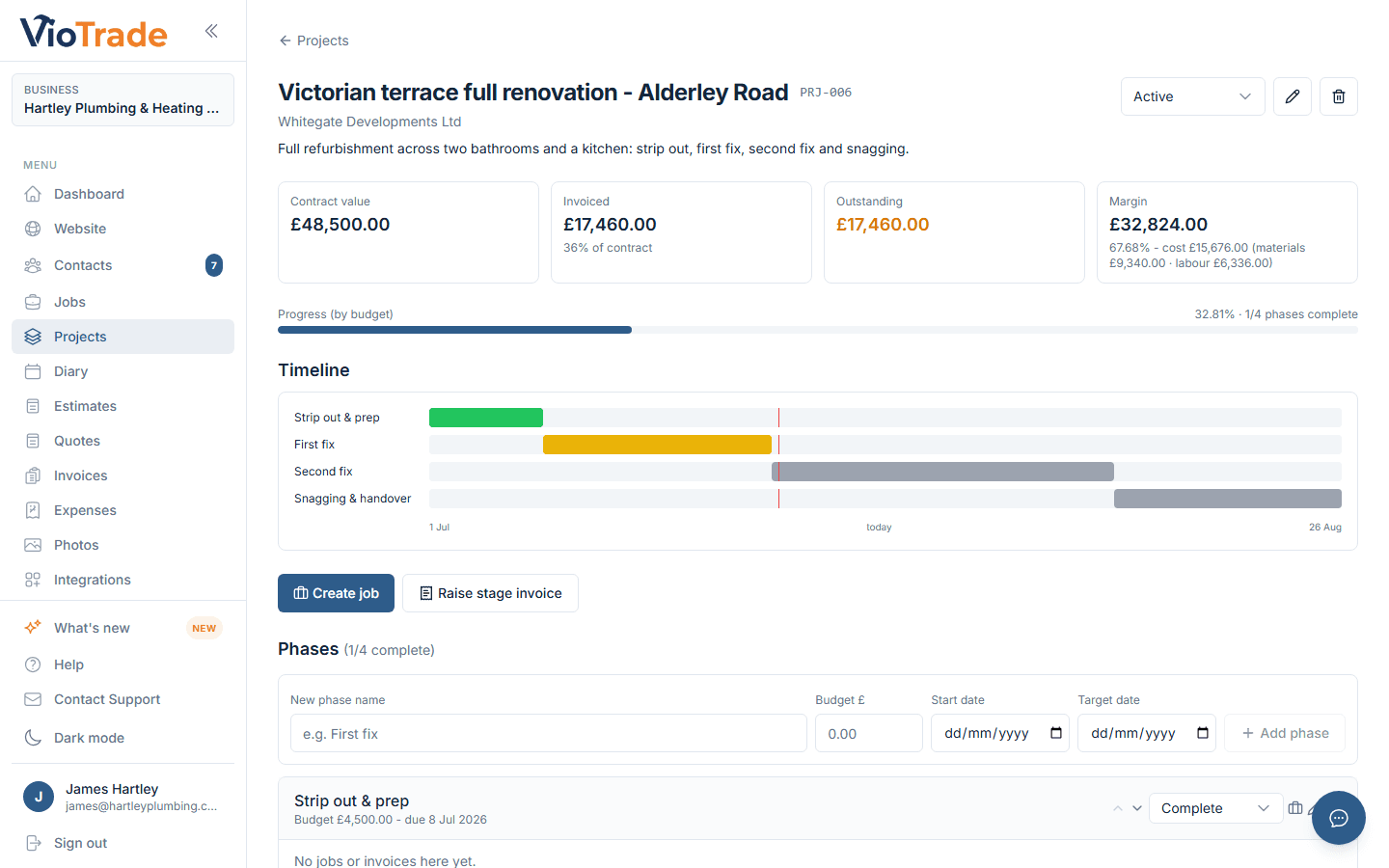 VioTrade project - phases, live budget vs actual and stage invoicing for a UK renovation