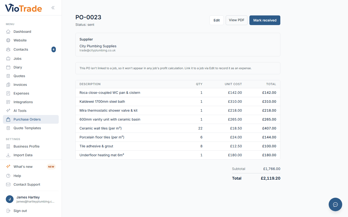 VioTrade purchase order - itemised materials order sent to suppliers from your phone