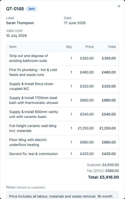VioTrade quote example - professional itemised quote with VAT for UK tradesmen