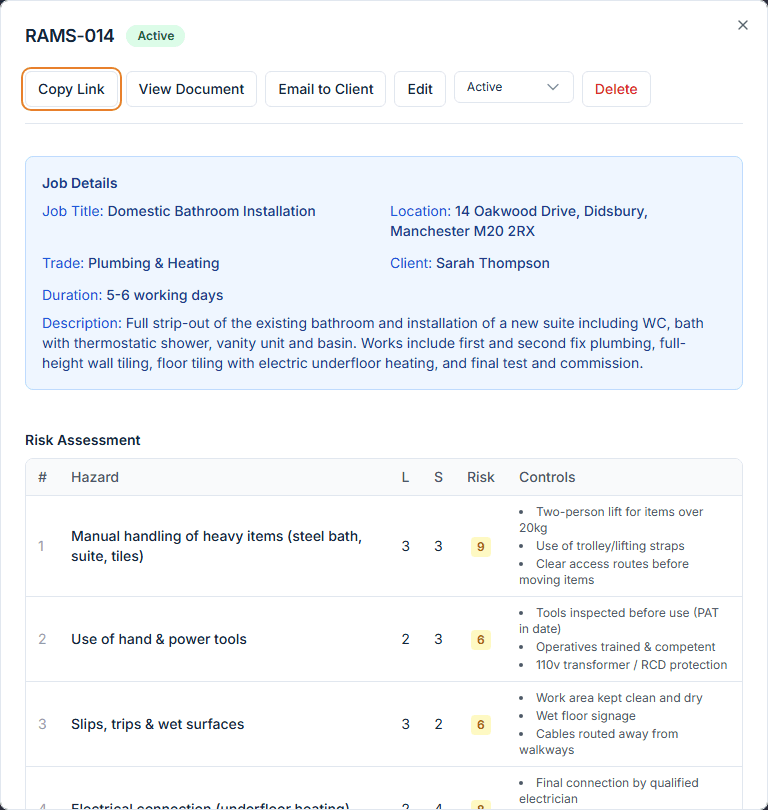 VioTrade RAMS document with risk assessment matrix - AI-powered for UK tradesmen