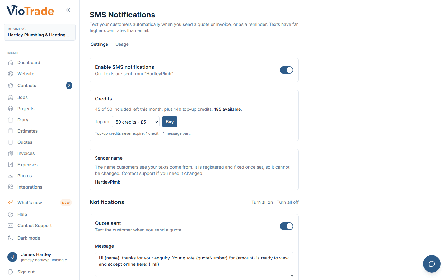 VioTrade customer SMS settings - texts from your business name for quotes, invoices and appointment reminders